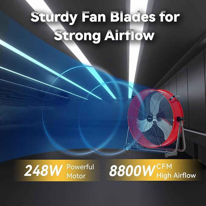 24 Inch Industrial Drum Fan 8800 CFM High Velocity Floor Fan for Garage, Warehouse & Workshop - 3-Speed Heavy Duty Metal Fan with 360° Tilt, Wheels & UL Safety Listed