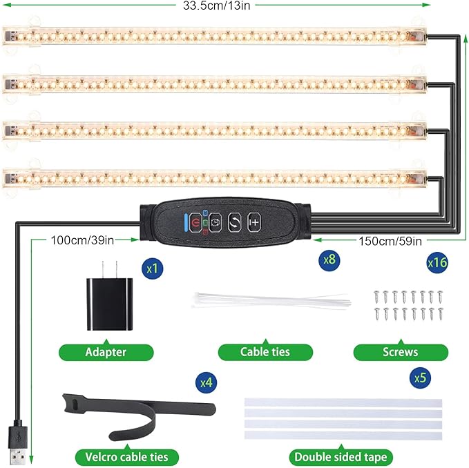 RWNTAO LED Plant Growing Lamp Strips, Full Spectrum 3500K Grow Light for Indoor Plants with 3/9/12H Timer and 10 Dimmable Levels for Green House Hydroponics Succulent, 4 Head 13 Inches