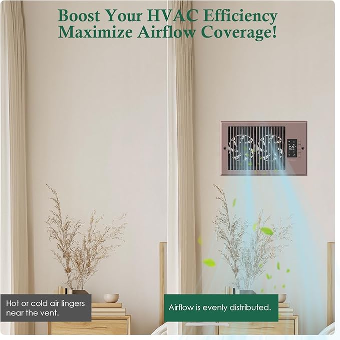 VallisCo Register Booster Fan 6" x 10" with Negative Ion, Manual Airflow Direction Control, Quiet 10-Speed Heating Cooling AC Vent Fan with Remote & Thermostat Control for Wall Floor, Bronze