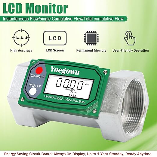 2" Digital Turbine Fuel Flow Meter, 15.8–132 GPM Inline NPT Flowmeter with LCD Display,for Diesel,Gasoline,Kerosene, Water and Other Liquids –Supports Gallon, L, QTS, PTS, m³ (2")