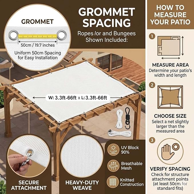 White Shade Cloth 50% Sun Shade Net, UV Resistant Outdoor Garden Shade Mesh Tarp with Grommets, Heavy Duty Breathable Fabric Cover for Greenhouse Plant Patio Fence Privacy(10x31ft)