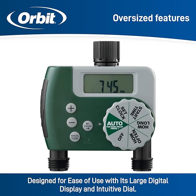 Orbit Programmable Digital Hose Watering Timer - 2 Outlet - Battery Powered - with LCD Screen - Built-in Rain Delay - Water-Resistant - 58910