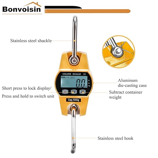 Bonvoisin Mini Digital Crane Scale 300kg/600lbs Industrial Hanging Scale Portable Electronic Weighing Crane Scale LCD Display CE/RoHS Certified (300kg/660lb)
