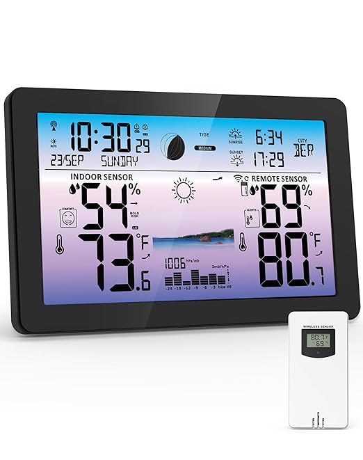 Weather Station Wireless Indoor Outdoor, Digital Thermometer with Accurate Temperature & Humidity, Large Color HD Display with Remote Sensor, Weather Forecast, Atomic Clock, Moon Phase