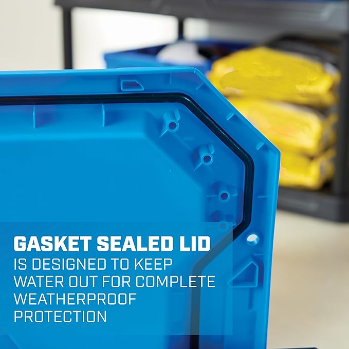 24 Gallon Waterproof Storage Bin with Latching Lid, Heavy Duty Plastic Tote for Garage, Basement, Attic, and Outdoor Storage – Dustproof, Stackable,Secure Locking Buckles,Black with Blue Lid, BPA-Free