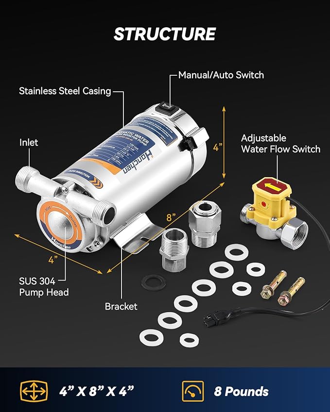 Hanchen Water Pressure Booster Pump SUS 304 Pump Head, 1/4 HP Automatic Home Booster Pump with Flow Switch