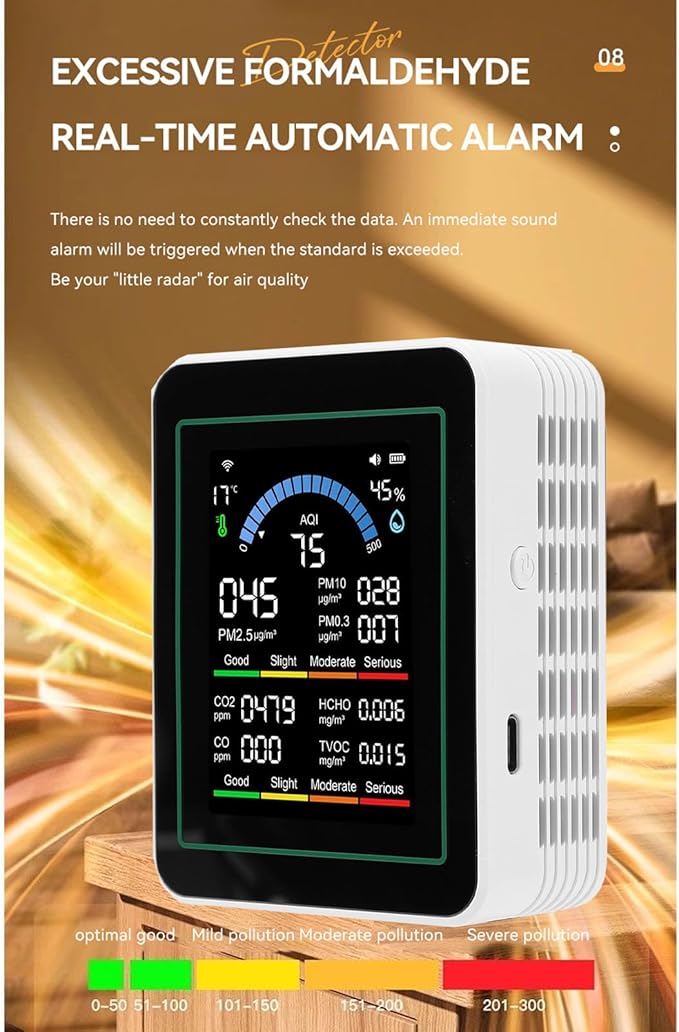 10 in 1 WiFi Air Quality Meter, CO2 TVOC HCHO PM2.5 PM10 PM0.3 Detector, Indoor Air Monitor with APP Control, Ideal for Smart Home & Indoor Testing