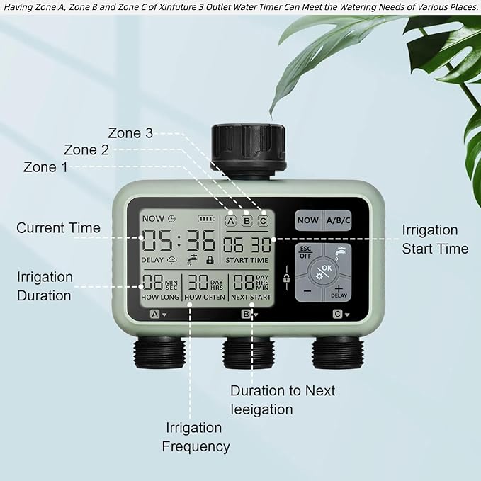 3 Outlet Sprinkler Timer Brass, Programmable Garden Hose Timer with Rain Delay, Manual& Automatic Watering System, Waterproof Digital Irrigation Controller Watering Evenly for 3 Separate Water Zones