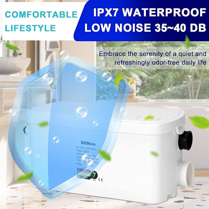 Macerator Pump, Silent 250W Sewage Sump Pump, 6000 L/h Flow, Upflush 26.3ft Head, IPX7, Utility Sink with 2 Inlets for Wastewater Disposal in Basement Shower Bathtub Laundry Kitchen RVs