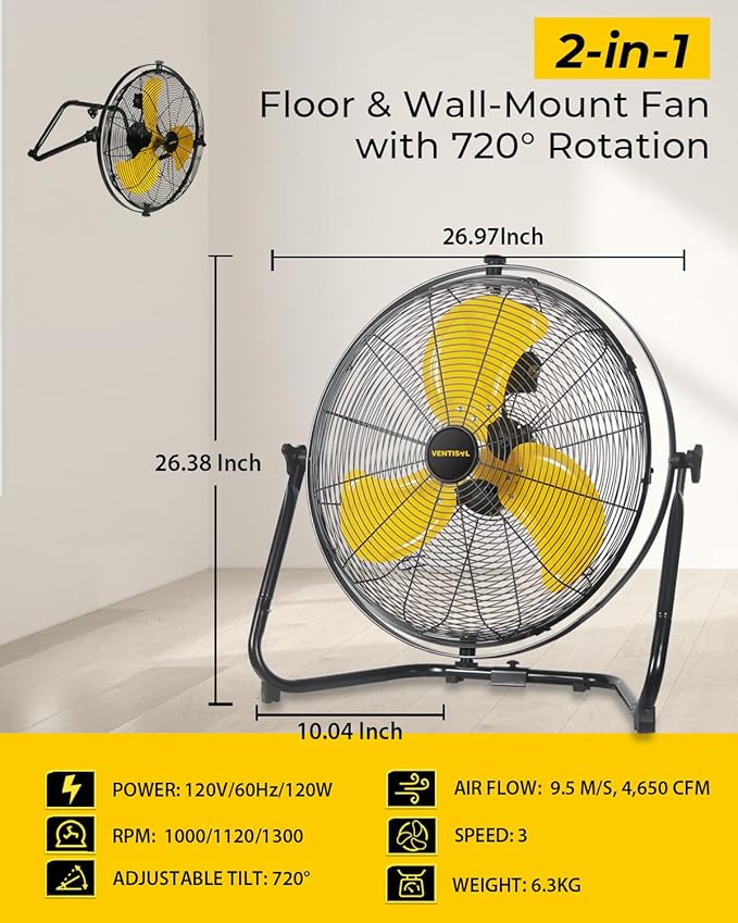 VENTISOL 20 Inch 2-in-1 Floor or Wall Mounted Fan, High Velocity 720 Tilting for Commercial, Residential, Industrial, Garage, Patio