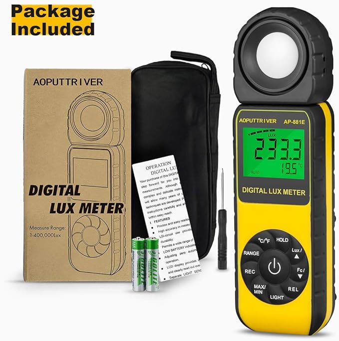 Digital Light Meter,Illuminance Meter Range up to 300,000 Lux Handheld Ambient Temperature 270ºDegree Rotatable Detector/0.4 Second Response