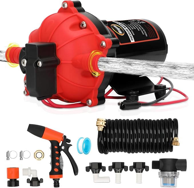 12V Washdown Pump Kit with 7.5 GPM & 80 PSI,RV Fresh Water Pump,Five Chamber Self-Priming Diaphragm Pump with Heavy Duty Pressure Switch,Nozzle & Filter – Ideal for Boats, RVs, Yachts & Campers