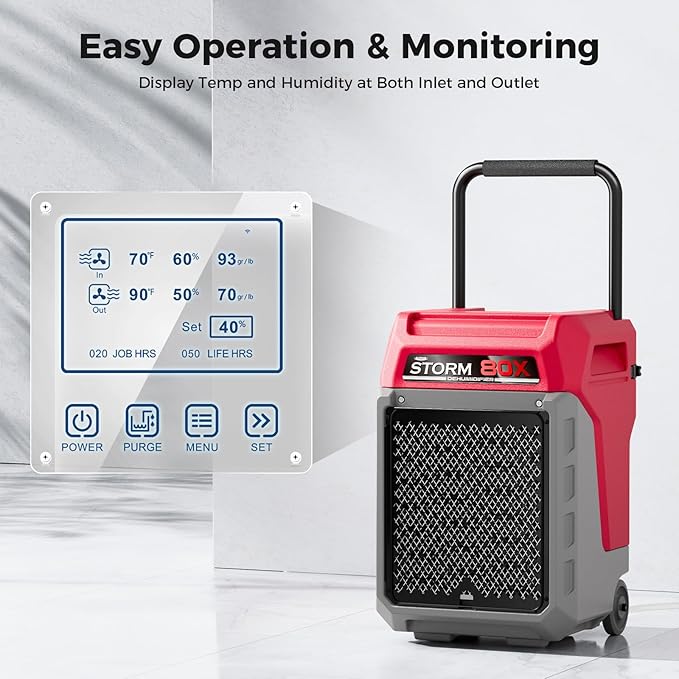 ALORAIR 170 PPD Commercial Dehumidifier with Pump & Drain Hose, LGR Industrial Use, Portable Dehumidifier with Wheels for Water Damage Restore, Carpet Drying, Storm 80X (Red)