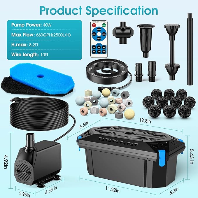 POPOSOAP Pond Filter with Fountain Kits, 660GPH Pond Pump Filter Built-in RGB LED Lights with Remote Controller, Pond Filters for Outdoor Ponds Clean, Clear and Water Features P2326D