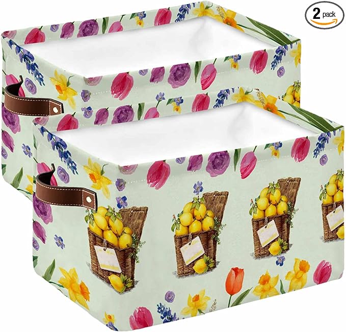 Spring Floral Storage Bins Cubes Waterproof Cloth Storage Basket, Watercolor Lemons Garden Flowers Rustic Green Foldable Storage Bags for Shelf Closet Clothes Organizers with Handles 15x11x9.5 in 2PCS