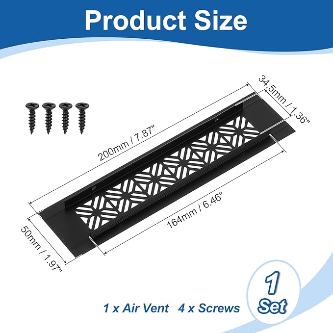uxcell Aluminum Alloy Air Vents, 200 x 50mm / 7.9 x 2" Rectangle Louvered Ventilation Grille Cover with Mounting Screws for Door Cabinet Wardrobe, Matt Black