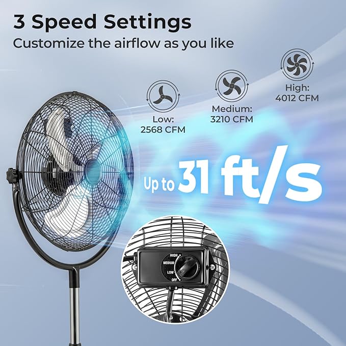 ARLIME 18" High Velocity Pedestal Fan, Industrial Oscillating Standing Fan w/3 Speeds, 360° Tilt & Adjustable Height, Heavy Duty Metal Floor Fan for Commercial, Garage, Workshop, Warehouse (18 Inch)