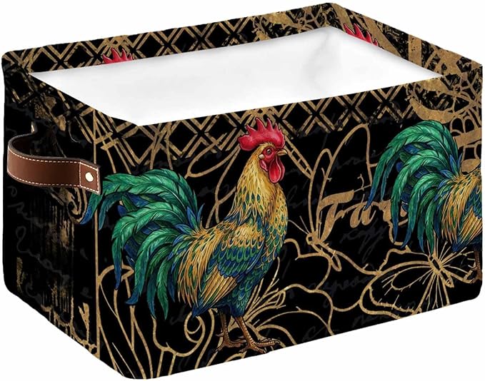 Vintage Rooster Storage Bins Cubes Waterproof Cloth Storage Basket, Farmhouse Elegant Retro Animals Foldable Storage Bags for Shelf Closet Clothes Storages Organizers with Handles 15x11x9.5 in 1PCS