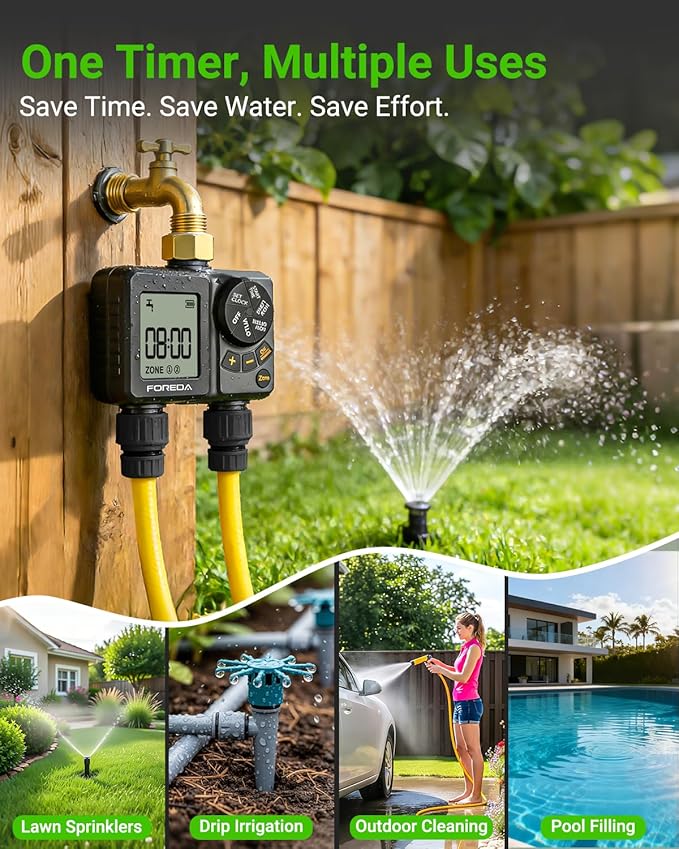 2 Outlet Water Timer for Garden Hose, Programmable Hose Timer for Watering with Brass Inlet, USB-C Sprinkler Timers, IPX6, Rain Delay/Manual/Auto Modes for Lawn, Yard, Farm, Pool