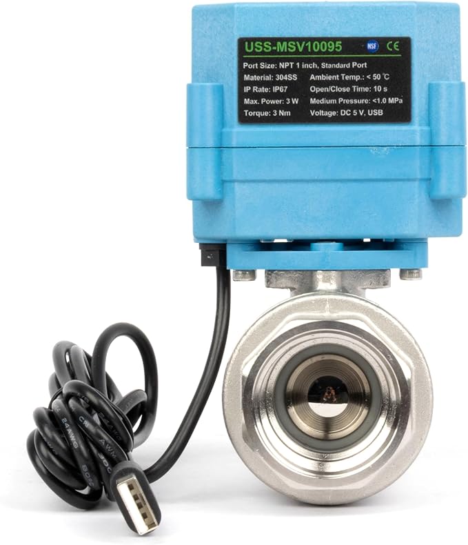 U.S. Solid WiFi Smart Motorized Ball Valve 1 inch NPT for Water Control, Irrigation, 2 Way 304SS Electric Valve, USB Powered, Status Indicator, Flow Direction, Remote On/Off Control, NSF Certified