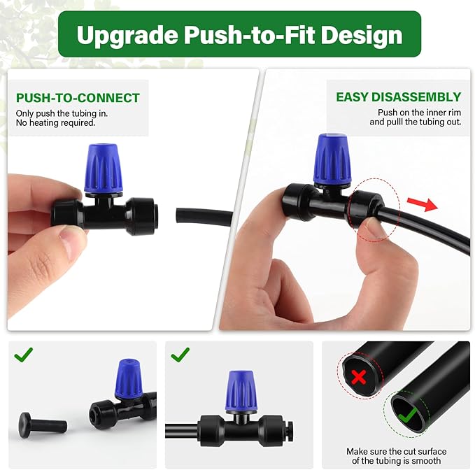 Kalolary 30Pcs Push-to-Fit Drip Irrigation Spray Emitters for 1/4" Tubing,Three-Way Adjustable Atomizing Nozzle Micro Irrigation Dripper Sprinklers with 6PCS End Plugs for Irrigation System(Blue)