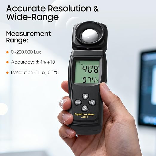 Digital Illuminance Light Meter, 0~200,000 Lux Range with 180º Rotating Sensor Light Meter Foot Candles, Backlight LCD Display, Handheld Light Meter for Plants, Photography, Indoor, Film Camera
