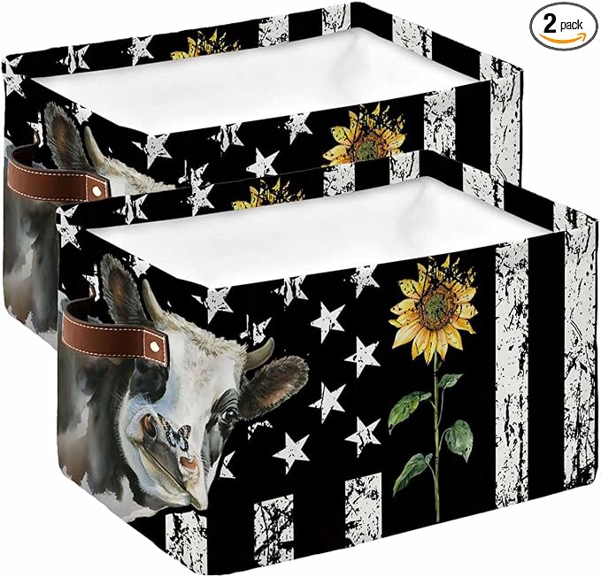 Vintage American Flag Storage Bins Cubes Waterproof Cloth Storage Basket, Farmhouse Cow Sunflowers Foldable Storage Bags for Shelf Closet Clothes Storages Organizers with Handles 15x11x9.5 in 2PCS