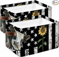 Vintage American Flag Storage Bins Cubes Waterproof Cloth Storage Basket, Farmhouse Cow Sunflowers Foldable Storage Bags for Shelf Closet Clothes Storages Organizers with Handles 15x11x9.5 in 2PCS