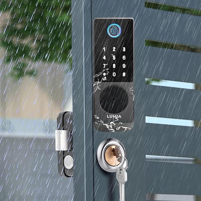 Smart Fingerprint Gate Door Lock – Waterproof Keyless Rim Latch with Tuya App, Passcode Keypad, IC Card & Mechanical Key, Built-in Doorbell, Smart Lock for Outdoor Fence, Yard & Home Security