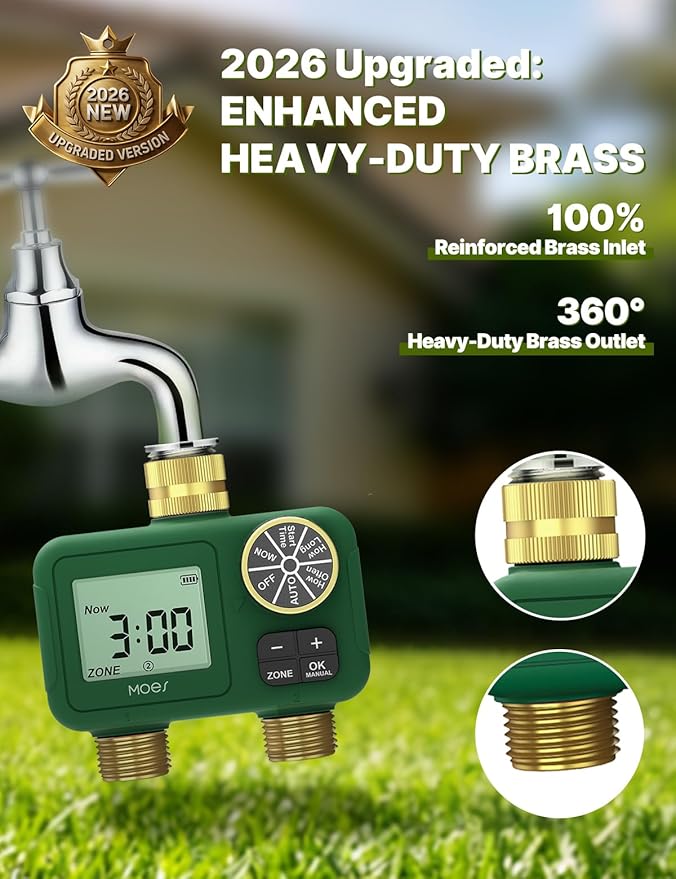 MOES 2 Zone Water Timer for Garden Hose, Heavy Duty Solid Brass Inlet & Outlets, Programmable Sprinkler Timer Battery Operated, Automatic Dual Faucet Valve with Sequential Watering (Non-WiFi)