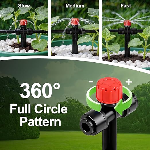 RedChili 10 Pieces Quick Connect Drip Emitters for 1/4" Drip Irrigation Tubing, Adjustable 360 Degree Stream Emitters with Stake Two Way Full Circle 8 Hole Stream Drippers for Garden Watering System