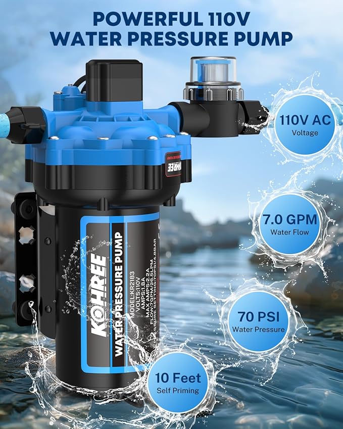 Kohree 7 GPM 70 PSI 110V AC Water Pressure Pump, On Demand Self-priming RV Fresh Water Pump, 5-Chamber Diaphragm Pump with Pressure Switch and Strainer for RV, Marine, Garden, Kitchen, Bathroom