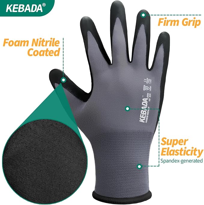 Kebada W5-60 Pairs Bulk Safety Work Gloves Foam Nitrile Coated, Seamless Knit Nylon Glove with Grip, Ideal for Mechanic, Warehouse, Construction & Gardening, X-Large