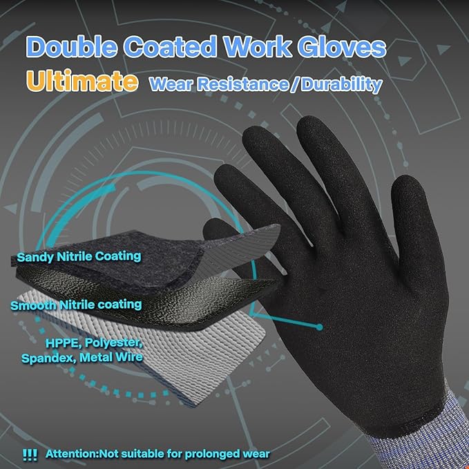 Schwer ANSI A9 Cut/Abrasion Resistant Gloves for Heavy Duty Work, 18 Gauge 3/4 Double Dipped Nitrile Coating for Construction, Gardening, Water & Oil Proof, Anti Slip, Touch Screen, PM3202, Black, XL
