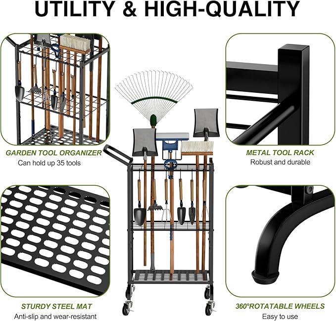 RANXFLOAT Garden Tool Organizer with Wheels, Yard Tool Tower Rack for Garage Organization and Storage, Up to 35 Long-Handled Tools,Metal Tool Holder with 6 Hooks, Black