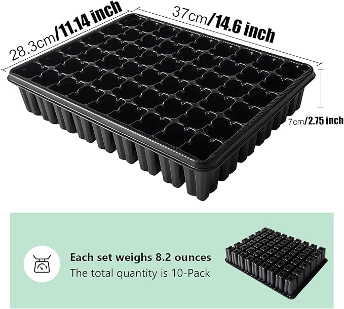 RooTrimmer 54 Cell Seed Starter Trays, 2.8" Deep Plug Flat Tray,10 Pieces Big Holes Germination Tray, Thick Durable Seedling Plastic Nursery Reusable Trays (11.14inch ×14.6 inch, 10-Pack)