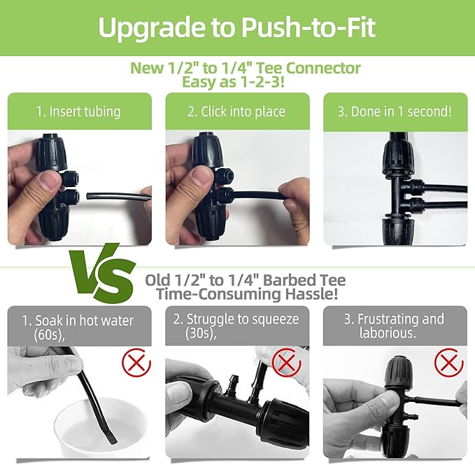 4 Pack 1/2'' to 1/4'' Drip Irrigation Fittings, Push-to-Connect 4 Way Drip Irrigation Part Barbed Tee Connectors, Anti-Leak Locked Splitter Fitting for 1/2" Irrigation Tubing (0.6''-0.67''OD)