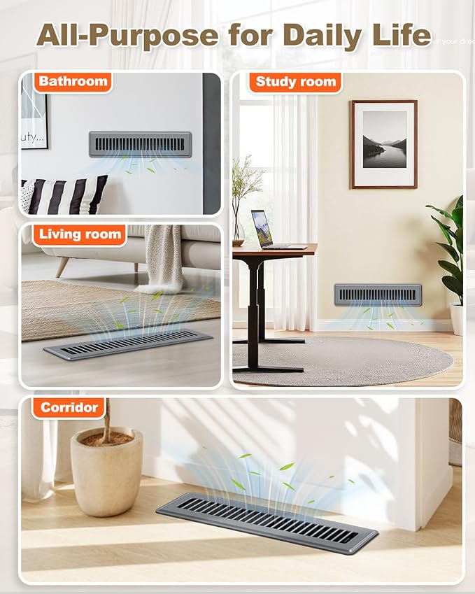 2 x 14 Floor Register, Gray Vent Covers for Home Floor, Anti-Rust Coated Metal Surfaces with Adjustable Airflow Control Lever, Ideal for HVAC Systems, Living Room & Bedroom Floor Vents - 4 Pack