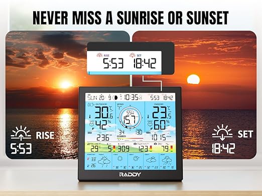 Raddy WF-120P Professional Wi-Fi Weather Station with App Control, 10″ HTN Color Display, Indoor/Outdoor Temp & Humidity, UV & Light Index, PM2.5 AQI, 5-Day Forecast, 7-in-1 Outdoor Sensor for Farm