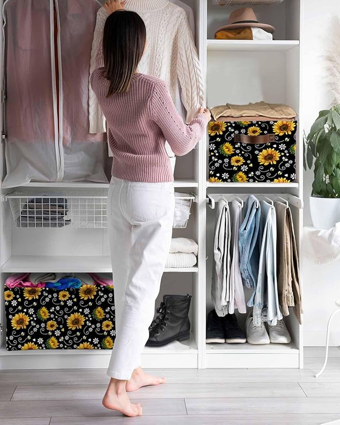 Black Yellow Sunflower Storage Bins Cubes Waterproof Cloth Storage Basket,Summer Botanical Farmhouse Floral Foldable Storage Bags for Shelf Clothes Storages Organizers with Handles 15x11x9.5 in 1PCS