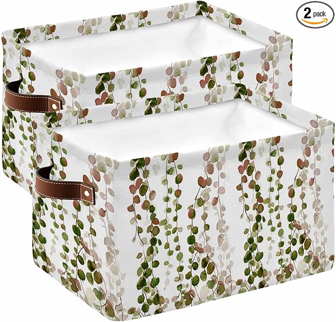 Green Pink Weeping Eucalyptus Storage Bins Cubes Waterproof Cloth Storage Basket,Spring Summer Farmhouse Leaves Foldable Storage Bags for Shelf Storages Organizers with Handles 15x11x9.5 in 2PCS