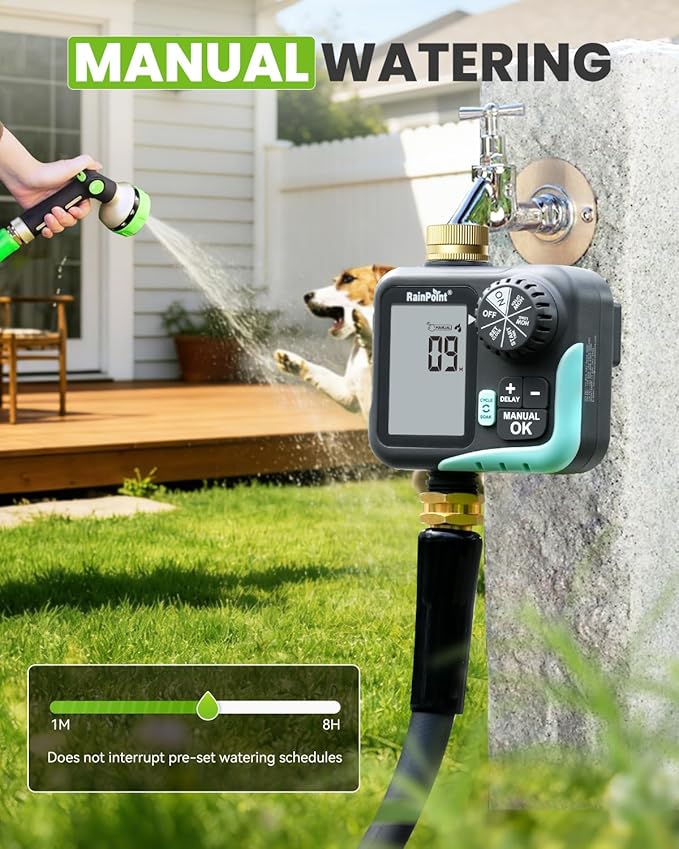 RAINPOINT Sprinkler Timer for Garden Hose - Hose Timer with Cycle & Soak/Rain Delay/Automatic Watering/Manual Watering, Programmable Irrigation System with Large Display for Lawn, Yard, Brass Inlet