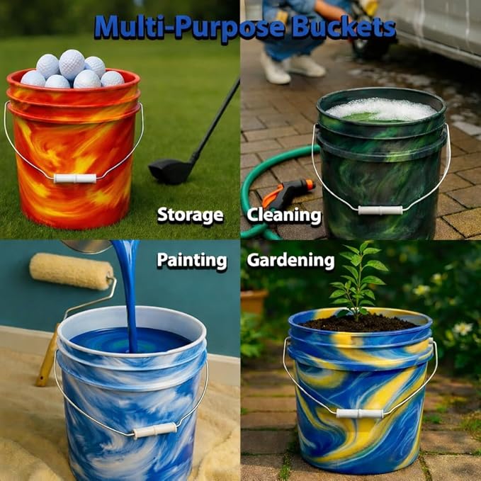 MKS Plastics 5-Gallon Bucket with Airtight Lid – Made in USA, Food Grade BPA Free Plastic, Heavy Duty Multi-Use, Metal Handle with Grip, Stackable Storage – Mystery Swirl, 6 Pack