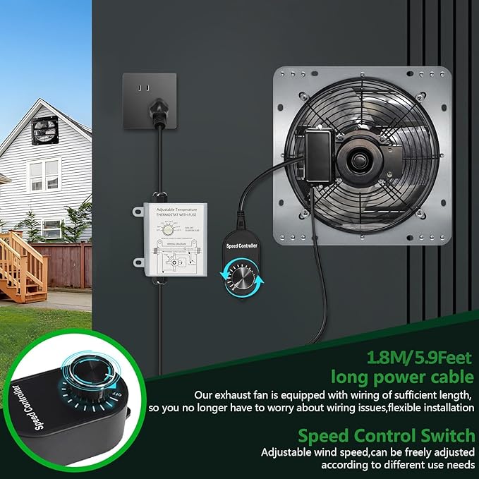 Shutter Exhaust Fan with Thermostat & Speed Control, 1558 CFM,1665 RPM, Upgrade 14 inch Wall Mount Attic Vent Fan for Chicken Coops, Greenhouse, Gable, Barn, Garage, Shed Ventilator