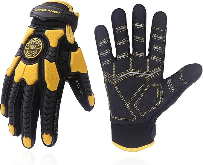 HANDLANDY HLDD Heavy Duty Work Gloves, TPR Protector Impact Gloves, Men Anti Vibration Mechanic Work Glove TouchScreen