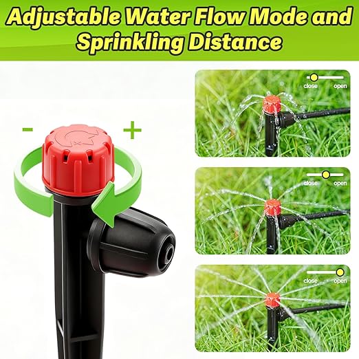 26pcs Drip Emitters for 1/4" Irrigation Tubing, Easy Connect Adjustable 360 Degree Water Flow Irrigation Sprayer On 5" Stake for 4/7mm Tube Locked Irrigation Drippers for Garden Flower Plant