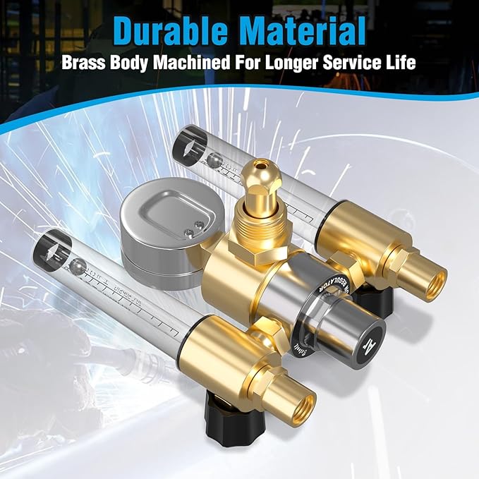 BETOOLL Dual Output Argon Regulator - MIG/TIG Flow Meter Gas Gauge with 2PCS 6.6 Feet Hoses, 0-60 SCFH, 0-4500 PSI, CGA580 Inlet Connection for Argon/CO2