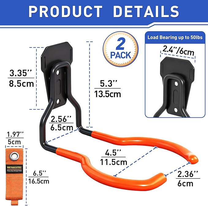 Heavy Duty Garden Power Tool Hanger, Garage Storage Utility Hooks with Storage Straps, Electric Tool Hooks, String Trimmer Hangers, Garden Tool Organizer, Weedeater Rack (2, Orange)