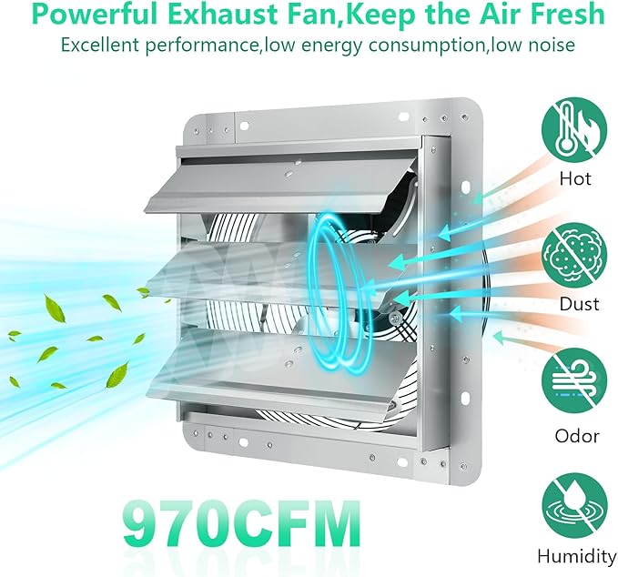 Shutter Exhaust Fan,12 inch Wall Mount Vent Fan with ON/OFF Switch,1680 RPM,970 CFM Attic Ventilator Fan for Greenhouse, Barn, Garage, Shed,Chicken Coops Ventilation Fans