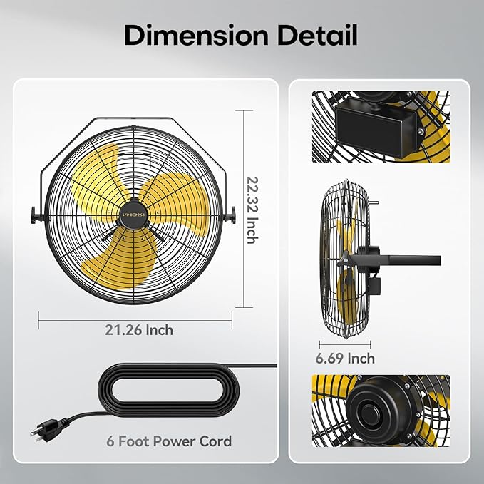 VINICAYA 18 Inch Industrial Wall Fan, 4800 CFM Metal Wall Mount Fans with Poweful Motor, 3 Speed, Heavy Duty Fan Indoor for Covered Patio, Greenhouse, Gazebo, and Garage, UL Listed